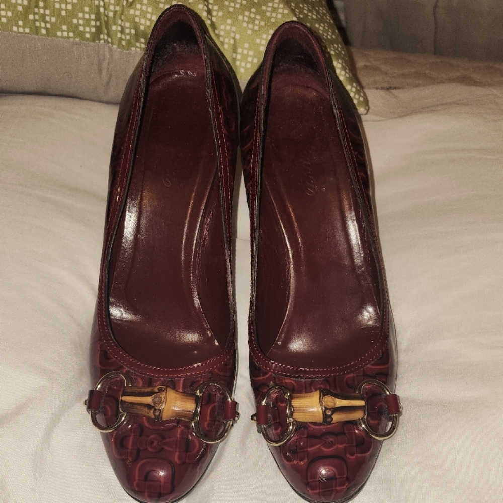 Elegant Gucci Maroon 4" Leather Pumps Bamboo Horsebit, sz. 71/2 B.